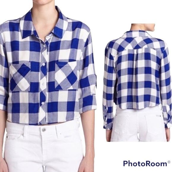 Rails Rian Blue And White Buffalo Plaid Cropped Button Down Top - Picture 11 of 11